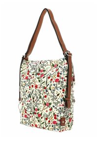 Sac en tissu à motif floral avec garniture en cuir beige et double poignée. Présente des fleurs rouges, roses et bleues sur un fond crème.