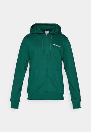 Green zip-up hoodie made of cotton-blend fabric. Features a drawstring hood, front pockets, ribbed cuffs, and a small logo on the left chest.