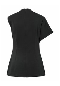 Zwart topje met korte mouwen, een hoge halslijn en een getailleerde taille, gezien van achteren met een centrale naad en een gladde textuur.