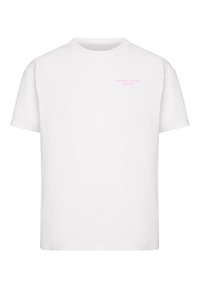 Weißes Baumwoll-T-Shirt mit kurzen Ärmeln und Rundhalsausschnitt. Text "VERTRAUE DEINEM HERZEN" in Hellrosa auf der Vorderseite.