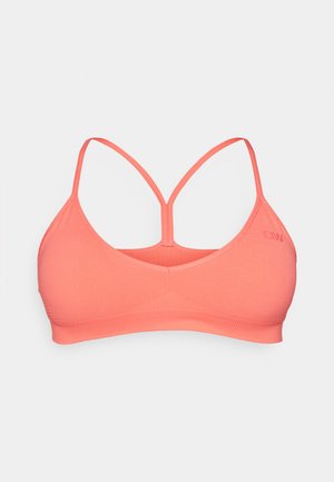 Růžový sportovní podprsenka s hladkým materiálem, V-řezaným předním dílem a úzkými nastavitelnými ramínky tvořícími design racerback. Diskrétní značení na boku.