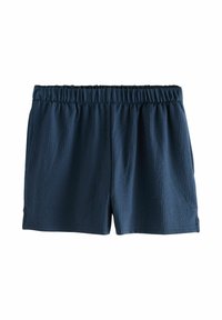 Mörkblå shorts med elastisk midja, i ett texturerat ribbat tyg och med sidofickor. Klassisk, mångsidig och avslappnad design.