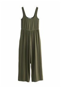 Olive zaļa, bez piedurknēm, kombinezons ar plašu kāju dizainu, elastīgu jostasvietu un gludu, elastīgu audumu. Nav redzamu rakstu vai metālmateriālu.