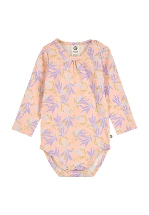 Baby-Body mit langen Ärmeln, rosa Hintergrund und lavendel- sowie beige gefärbtem Blattblumenmuster, Druckknöpfen im Schritt, rundem Halsausschnitt.
