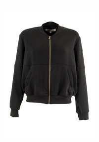 Chaqueta bomber negra hecha de material tipo sudadera, con cremallera dorada, dos bolsillos frontales y puños y dobladillo acanalados.