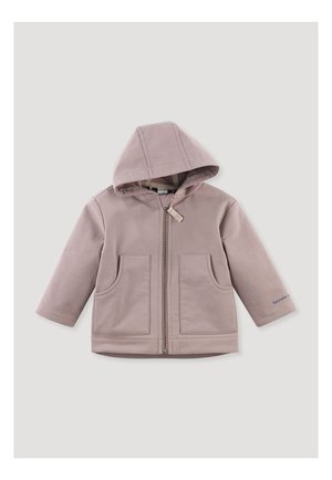 Licht mauve jack met capuchon, ritssluiting aan de voorkant, twee grote zakken en zichtbare stikseldetails. Zachte textuur en casual ontwerp.