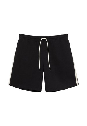 Schwarze Sportshorts mit weißen Seitenstreifen und einem weißen Kordelzugbund, flach auf einem weißen Hintergrund ausgelegt.