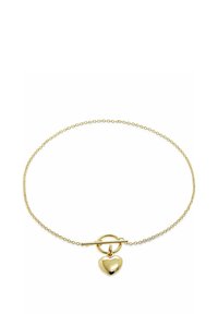 Goldene Ketten-Halskette mit einem zentralen glänzenden Herzanhänger und einem Toggle-Verschluss. Das Design ist zart mit feinen Gliederdetails.