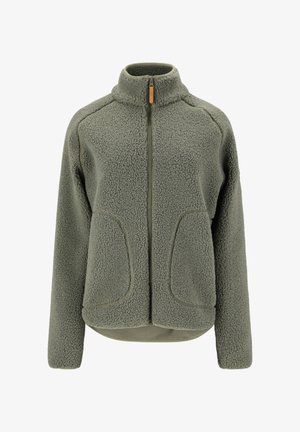 Fleece jacket in olijfgroen, met een hoge kraag, een rits aan de voorkant en twee grote zijzakken met afgeronde randen. Zacht, gestructureerd weefsel.