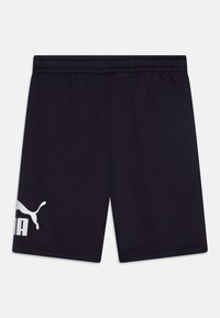 Șorturi atletice negre, fabricate dintr-un material moale, cu un talie elastică. Prezintă un logo mare alb pe partea stângă.