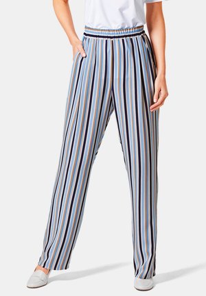 Leichte, gemusterte Hosen mit vertikalen blauen, marineblauen und orangefarbenen Streifen. Entworfen mit einem elastischen Bund und seitlichen Taschen.