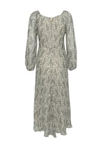 Rochie lungă, vaporoasă, dintr-un material ușor. Prezintă un model paisley în alb și negru, cu o decupare în formă de cheie la spate și trei butoane aurii.