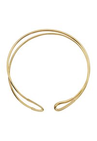 Guldbangle i metal med en glat, skinnende overflade. Har to sammenflettede bånd med buede ender, hvilket skaber et elegant, minimalistisk design.