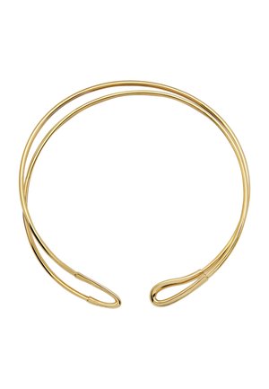 Kultainen metallihäntä, jossa on sileä ja kiiltävä pinta. Siinä on kaksi toisiinsa kietoutunutta nauhaa, joissa on kaarevat päät, luoden elegantin ja minimalistisen muotoilun.