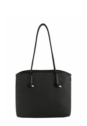 Czarna teksturowana torba na ramię z długimi podwójnymi uchwytami i małymi złotymi metalowymi ozdobami na paskach.