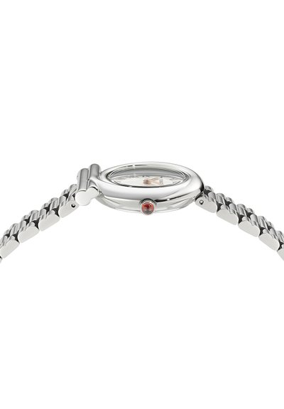 Silver-tone wristwatch with a round case, a textured white dial, and a red gemstone accent on the crown; features a metal link bracelet.