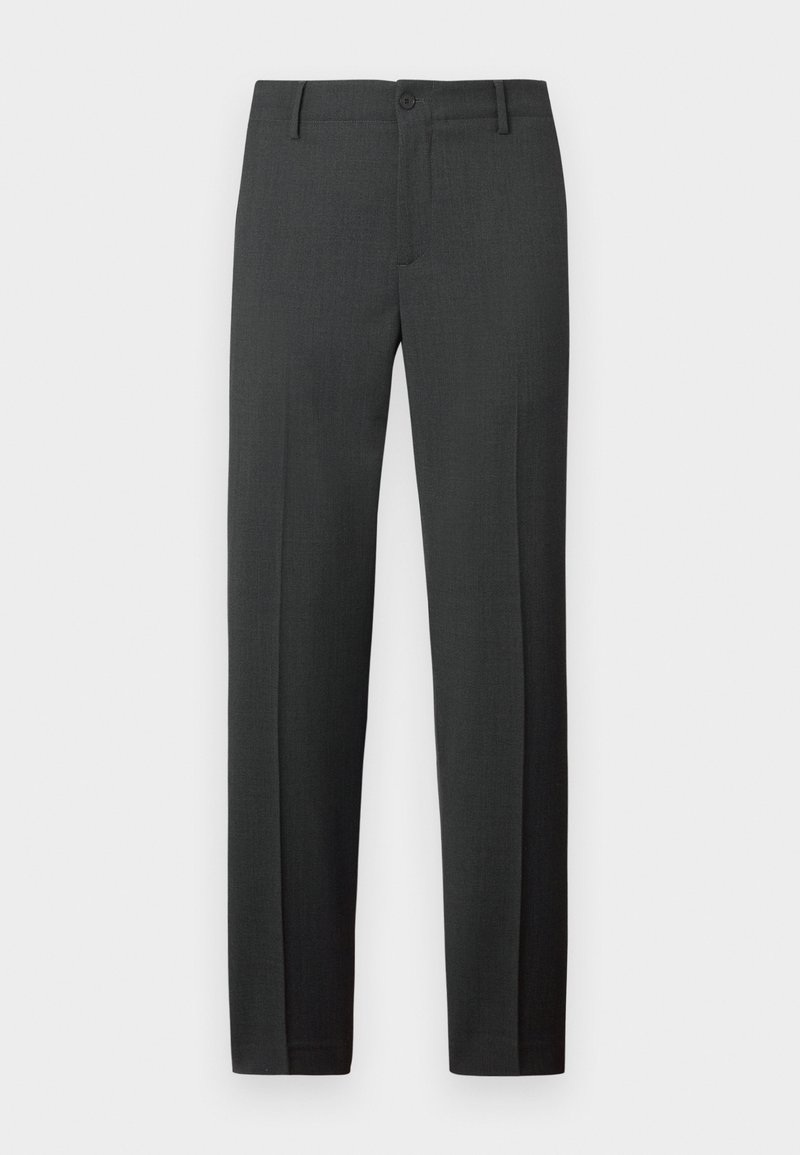 Tailored dark gray trousers made from a smooth fabric. Features a button closure, belt loops, and straight legs for a classic fit.