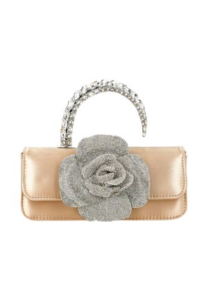 Bézs szatén táska nagy ezüst strasszos virággal az elején és ívelt fogantyúval, amely tiszta drágakövekkel van díszítve.