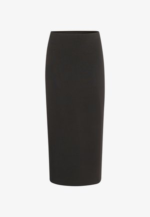 Must muströöpne seelik, mis on valmistatud siledast kangast, omab liibuva siluetti, keskmise pikkusega lõiget ja lihtsat, elastset vööd.