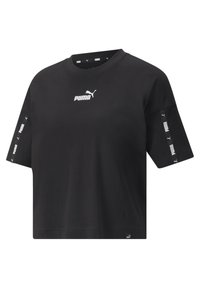 Black cotton t-shirt with a round neckline, short sleeves, and white Puma logo on the front and sleeves, featuring subtle branding accents.