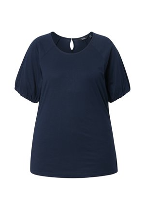 Blusa de manga corta azul marino con escote redondo, mangas abullonadas y cierre pequeño con botón en forma de lágrima en la parte trasera.