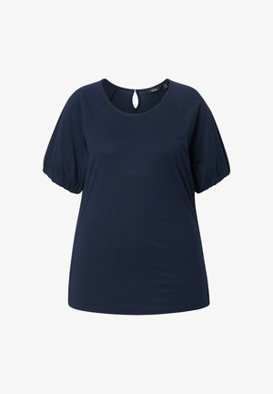 Tmavě modrá krátký rukáv halenka s kulatým výstřihem, nafouklými rukávy a malým knoflíkovým zapínáním na zádech.