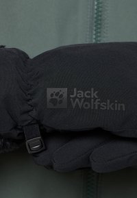 Schwarze Winterhandschuhe mit strukturierter Oberfläche, elastischen Bündchen, einem Logo-Patch und einer sicheren Riemenverzierung am Handgelenk.