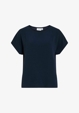 Tmavomodrá blúzka s krátkym rukávom a okrúhlym výstrihom, voľného strihu s jemne štruktúrovanou látkou.