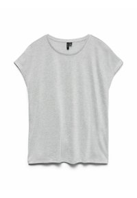 T-shirt gris à manches courtes en tissu doux et texturé. Il présente un col rond et une coupe décontractée et carrée avec un motif chiné subtil.