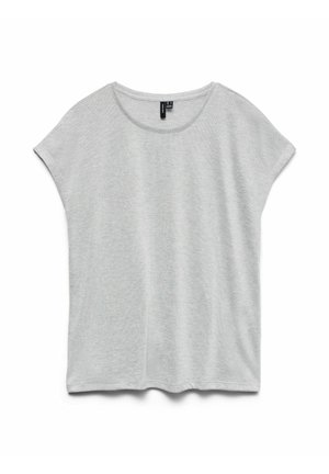 Gray short-sleeve T-shirt made from a soft, textured fabric. Features a rounded neckline and a relaxed, boxy shape with a subtle heather pattern.