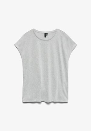 Gray short-sleeve T-shirt made from a soft, textured fabric. Features a rounded neckline and a relaxed, boxy shape with a subtle heather pattern.