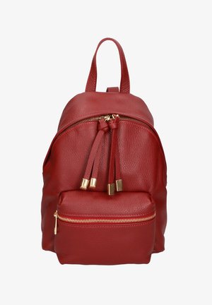 Piccolo zaino in pelle rossa con tasca frontale, cerniere dorate e due tiretti in pelle sulla scomparto principale su sfondo bianco.