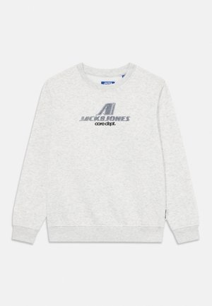 Svetlošedá mikina s dlhým rukávom s logom a grafikou „JACK & JONES core dept.“ na hrudi, okrúhlym výstrihom a rebrovanými manžetami a lemom.