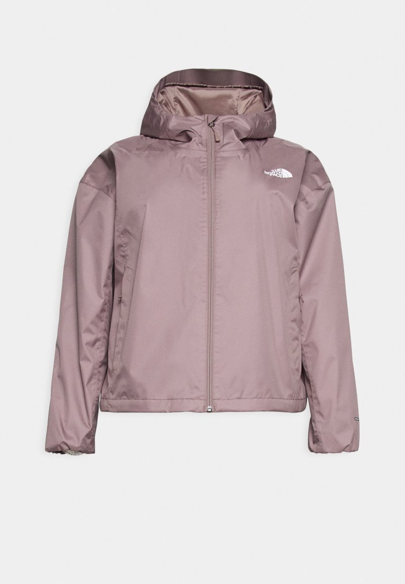Light purple hooded jacket made of waterproof material, featuring a front zipper, two side pockets, and a logo on the upper left chest.