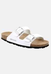 Sandali bianchi a due cinturini realizzati in materiale sintetico, con fibbie argentate, infradito in sughero e suola in gomma nera. Nome del marchio visibile.