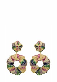 Gold-tone earrings with a floral design, featuring multi-colored gemstones in patterns of purple, green, pink, and blue.