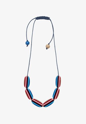 Colier din mărgele cu mărgele ovale în dungi alternative de roșu, albastru și crem, cu un fir ajustabil de culoare albastră închisă și mărgele de accent.