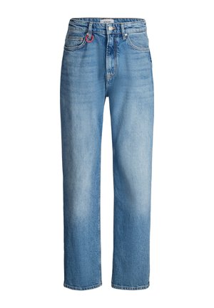 Jeans in denim blu chiaro con vita alta, gamba dritta e leggero scolorimento. Presentano un bottone metallico e una passante con dettaglio rosso.