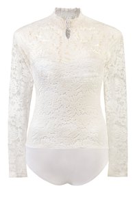 Weißes Spitzen-Bodysuit mit langen Ärmeln, das einen hohen Kragen, eine Schlüsselöffnung mit zwei Perlenknöpfen und einen glatten weißen Unterteil hat.