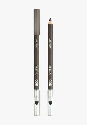Deux crayons eye-liner Pupa Multiplay 008 brun foncé, l'un avec un bouchon en haut, tous deux avec des embouts estompeurs transparents en bas.