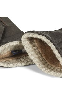 Brune skinnhansker med en teksturert ytterside, som har en myk, lys beige strikket fôr innvendig. Merket synlig inne i hansken.