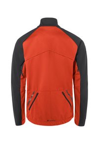 Rot schwarze Jacke mit hohem Kragen, Reißverschlusstaschen und einer strukturierten Oberfläche. Hat ein sportliches Design und kontrastierende Ärmel.