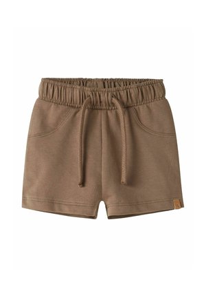 Short marron pour tout-petits avec taille élastique, cordon de serrage, poches avant et petite étiquette logo en cuir sur l'ourlet inférieur.