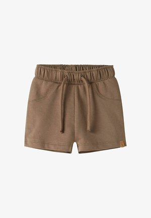 Braune Kleinkind-Shorts mit elastischem Bund, Kordelzug, Fronttaschen und einem kleinen Leder-Logo am unteren Saum.