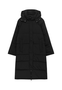 Czarna kurtka puchowa z kapturem, z pikowanym wzorem, dwiema przednimi kieszeniami i długością zamka błyskawicznego do samej podłogi. Miękka, teksturowana tkanina.