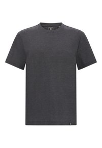 Tmavě šedé tričko s krátkým rukávem vyrobené z měkkého materiálu, s kruhovým výstřihem a malou štítkovou nálepkou na dolní levé straně.