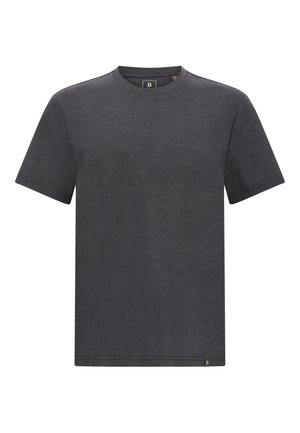 Tmavě šedé tričko s krátkým rukávem vyrobené z měkkého materiálu, s kruhovým výstřihem a malou štítkovou nálepkou na dolní levé straně.