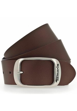 Ceinture en cuir marron enroulée avec une boucle en argent portant le nom de la marque "Tamaris", affichant une texture lisse et un design minimaliste.
