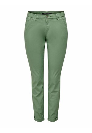 Pantalones ajustados de color verde claro con cierre de botón y cremallera, trabillas para cinturón, bolsillos delanteros y bajos con puños.