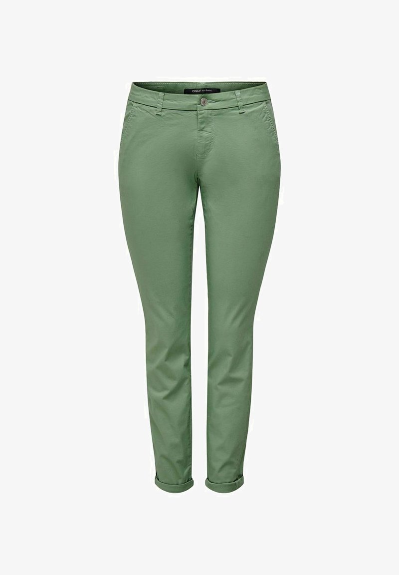 Pantalon vert clair ajusté avec fermeture à bouton et zip, passants de ceinture, poches avant et ourlets retroussés.